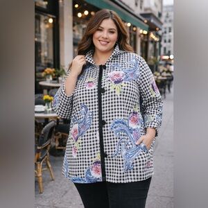 Chico's Black and White Checkered Trench Coat with Floral Accents